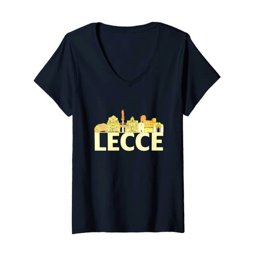 Italy Europe City Skylines Silhouette Outline Womens Lecce Italy Europe City Skyline Silhouette Outline Sketch V-Neck T-Shirt