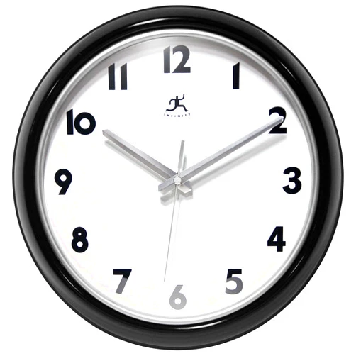 Infinity Instruments Lux Black Wall Clock, Retro 12 inch Modern Wall Clock, Easy to Read, Great for Living Room, Office, Home (Black and Silver)