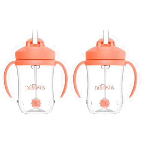 Dr. Brown's Milestones Baby’s First Straw Cup, Training Cup with Weighted Straw, Coral, 6m+ (Pack of 2)