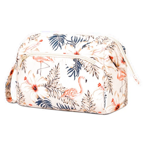 Narwey Women Makeup Bag Wide-open Make up Bag Travel Cosmetic Organizer Toiletry Bag for Cosmetics Toiletries Accessories (Beige Flamingo)