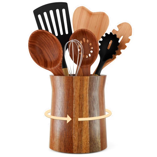 Segtenant Utensil Holder, Acacia Wood Utensil Holder for Kitchen Counter, 360° Rotating Cooking Utensil Crocks for Countertop, 7.2