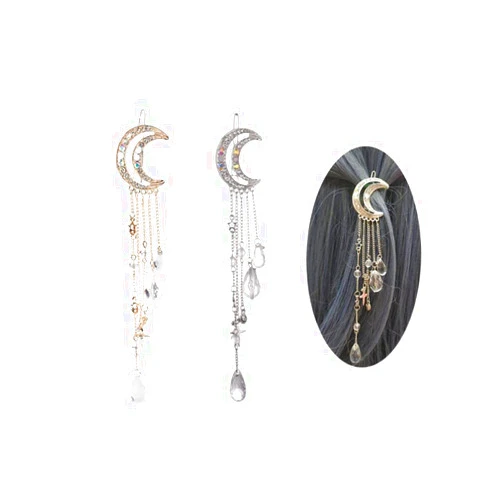 Ebonee 2 Pack Romantic Rhinestone Crescent Moon Star Charm Hair Clips, Crystal Beads Tassel Drop Hair Pins Chain Hairpin for Women Bridal Jewelry Hair Accessories (Silver, Gold)