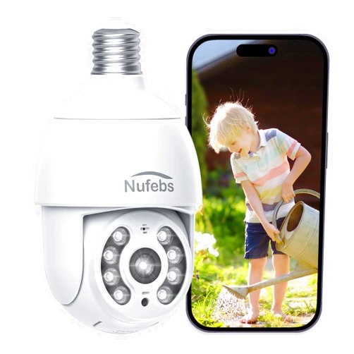 NUFEBS Security Camera Light Bulb 1080P 2.4G WiFi 355°PTZ Dome Cameras Wireless Outdoor Indoor for Home Security, Two Way Audio/Auto Tracking/24/7 Recording/Color Night Vision