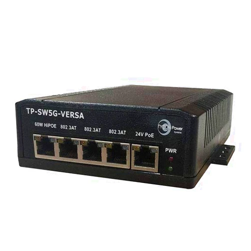 Tycon 5Prt Unmng GigE Versa PoE L2 Net Switch, 46-58V WireTerm in, 1x 4pr 60W Pasv PoE + 3X 802.3at 30W PoE + 1x 24V 12W Pasv PoE Port, Pinout 4pr:1,2,4,5V+;3,6,7,8V-, 2pr:4,5V+;7,8V-, Shield/Surge, DIN Mt