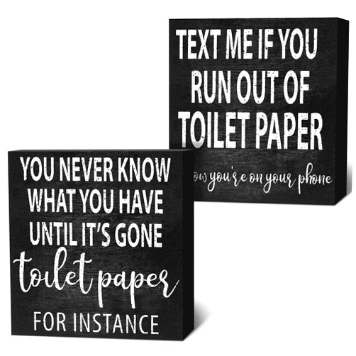 Jetec 2 Pieces Funny Farmhouse Bathroom Signs Decor Classic Wooden Box Sign Rustic Toilet Paper Sign Guest Restroom Wooden Wall Art for Home Bathroom Toilet Decoration, 6 x 6 Inch (Vivid Style)