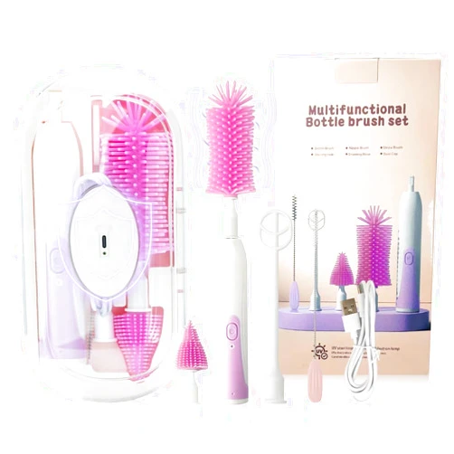 QCBF Electric Bottle Brush,Electric Baby Bottle Brush Set with Silicone Bottle/Pacifier/Straw Brush and Mixing Head, Cleaner Brush with Drying Rack, 2 Modes & 360° Rotation (Purple)