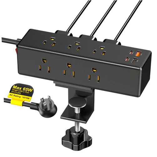 Kungfuking Desk Clamp Power Strip USB C, GaN PD 65W Fast Charging Station for Laptops, Desktop Charger Edge Mount with 9 AC Plugs 4 USB Ports, Mountable Power Hub 6 FT Cord Flat Plug, Overload Protect