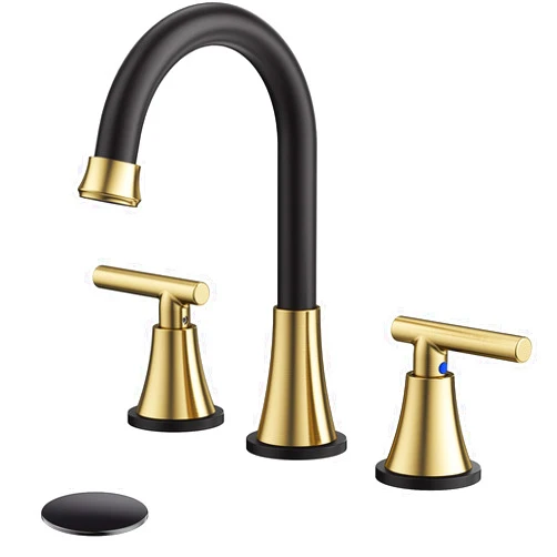 Hurran Bathroom Faucets for Sink 3 Hole, Hurran Black& Gold Bathroom Sink Faucet with Pop-up Drain and Supply Lines, Stainless Steel Lead-Free Widespread Faucet for Bathroom Sink Vanity RV Farmhouse Sink