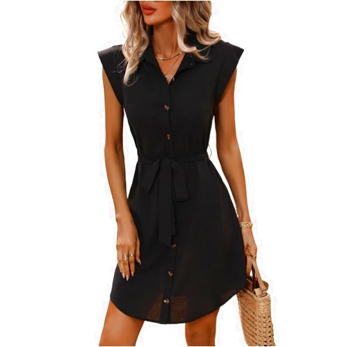 IGSY Dresses for Women Women's Dress Button Front Belted Shirt Dress Dresses (Color : Black, Size : Medium)