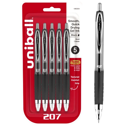 Uni-Ball Uniball 207 Retractable Gel Pens, Bold Point (1.0mm), Black, 5 Pack