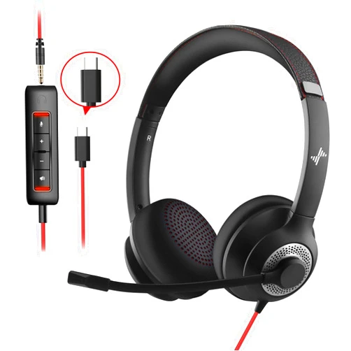 JIAMQISHI Headset with Microphone for PC Wired Headphones - Type-C Over-Ear 3.5mm Headsets with Noise-Cancelling Microphone for Laptop - Computer Headphones with Mic in-line Control for Home