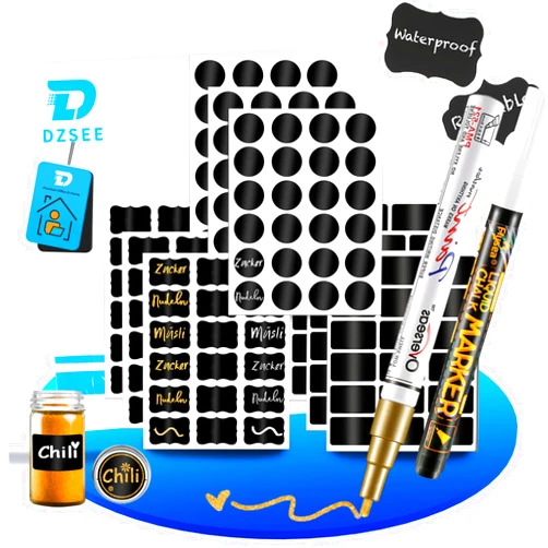 DZSEE Chalkboard Labels, 120 Pcs Reusable Chalk Sticker Labels with Liquid Chalk Marker, Waterproof Chalkboard Stickers for Jars, Storage Bins, Kitchen, Parties, Weddings, Craft Rooms