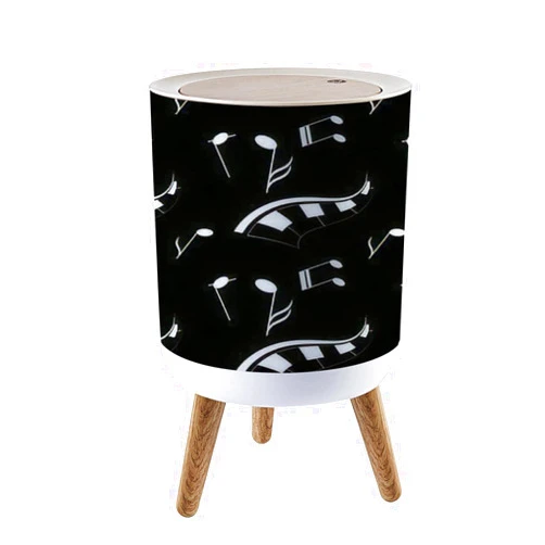SHL96PZGX Small Trash Can with Lid White Notes and Piano Keys on a Black Abstract Music Waste Bin with Wood Legs Press Cover Wastebasket Round Garbage Bin for Kitchen Bathroom Bedroom Office