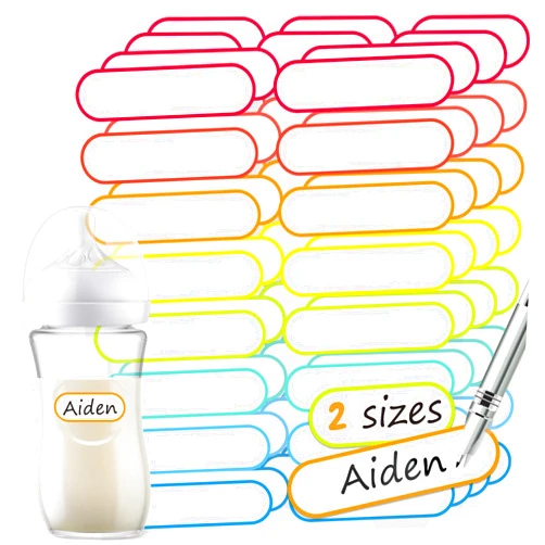 CHUBBIEE Baby Bottle Labels for Daycare, Self-Laminating, Waterproof Write-On Name Labels, Assorted Sizes & Colors, Pack of 80 (Rainbow)