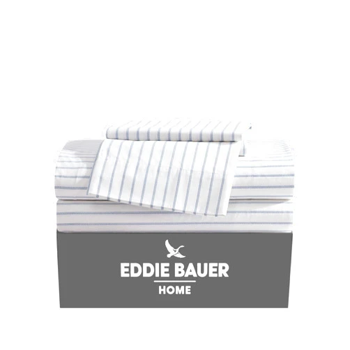 Eddie Bauer - Queen Sheets, Cotton Percale Bedding Set, Crisp & Cool Home Decor (Essential Stripe White, Queen)
