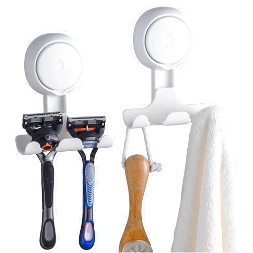TAILI Suction Cup Razor Holder in Shower 2 Pack, Towel, Loofah, Shaver Holder for Bathroom Wall, Powerful Suction Cup Shower Hooks, Easy to Install and Reuse, White