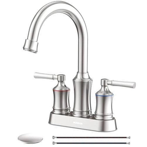Hurran Bathroom Sink Faucet, Hurran 4 inch Centerset Bathroom Faucet with Pop-up Drain, 360 Swivel Spout Lead-Free Stainless Steel Sink Faucet for Bathroom Sink, Vanity, RV, Brushed Nickel