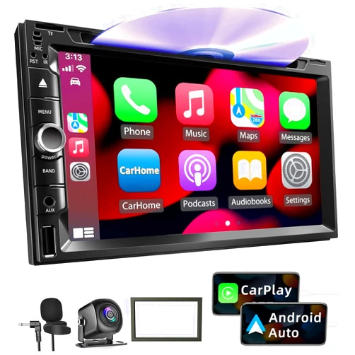 Inexaccessories Double Din Car Stereo with CD/DVD Player, 7-Inch Touch Screen, Bluetooth 5.2, CarPlay/Android Auto, Backup Camera, USB/TF Card Slots, FM Radio, AUX Input
