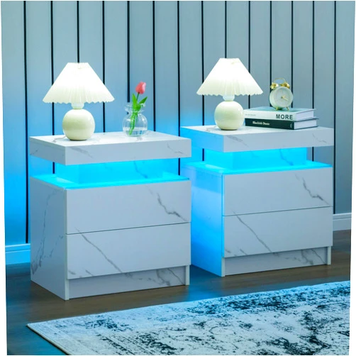 I-aplus Night Stand Set 2 LED Nightstand with 2 Drawers Bedside Table with LED Lights Side Tables for Bedroom Living Room