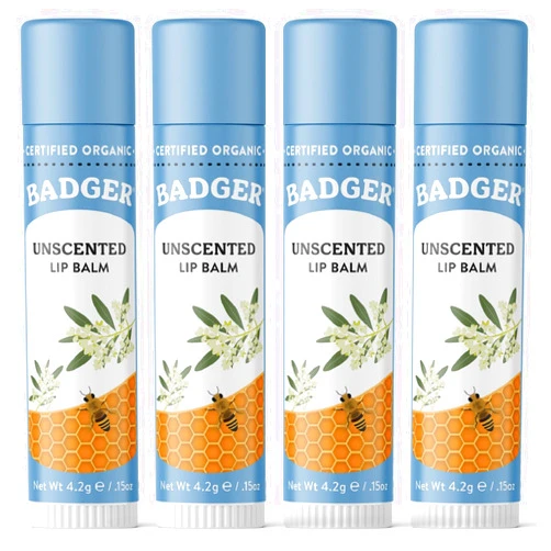 Badger - Classic Lip Balm, Unscented, Made with Organic Olive Oil, Beeswax & Rosemary, Certified Organic, Moisturizing Lip Balm, 0.15 oz (4 Pack)