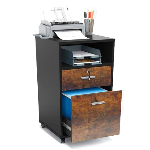 Tribesigns 2 Drawer Mobile File Cabinet with Lock, Wood Modern Filing Cabinet for Letter Size, Printer Stand with Rolling Wheels and Open Storage Shelf for Home Office(Rustic Brown)