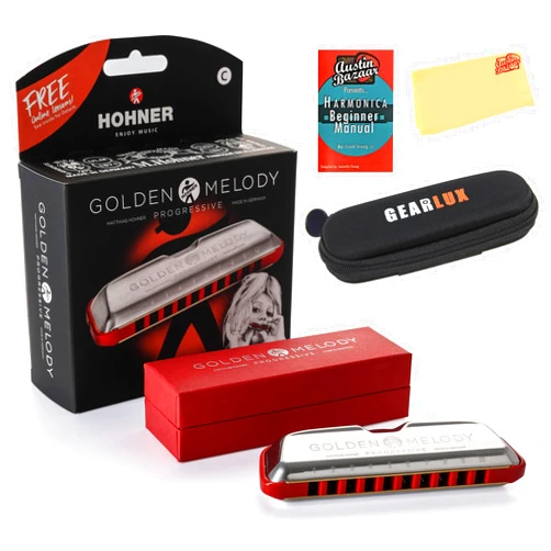 Hohner Golden Melody Harmonica - Key of C Bundle with Zip Case, Instructional Manual, and Austin Bazaar Polishing Cloth