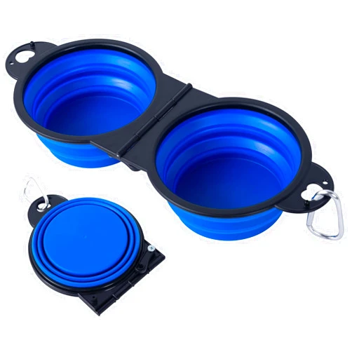SLSON Collapsible Dog Dual Bowls Reinforced Rim 180 Degrees Flip Over Foldable Double Bowl with Lock Clips More Stable Dog Travel Bowls Pet Food Water Feeder (Blue)