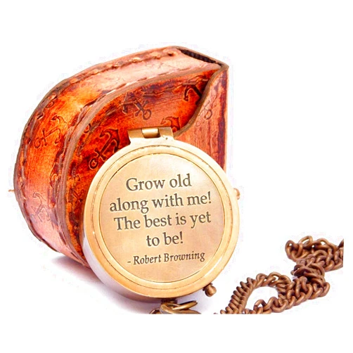 THOR INSTRUMENTS Grow Old with ME Engraved Brass Nautical Compass ON Chain with Leather CASE, Directional Magnetic Compass Rustic Vintage Home Decor Gifts