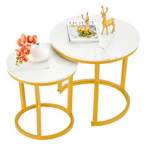Hoctieon Nesting Coffee Tables, Round Nesting Tables Set of 2, End Tables, Stacking Nesting Tables for Living Room, Circle Coffee Tables, Side Tables Wooden Table Top, Gold&White