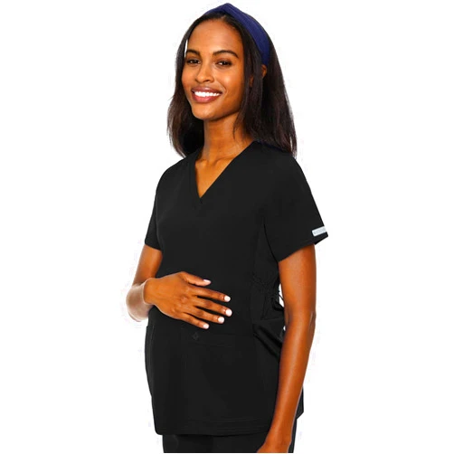 Med Couture Maternity V-Neck Scrub Top, 2 Pockets, Stretchy Side Panels with a Flattering Fit for Pregnant Ladies - MC628