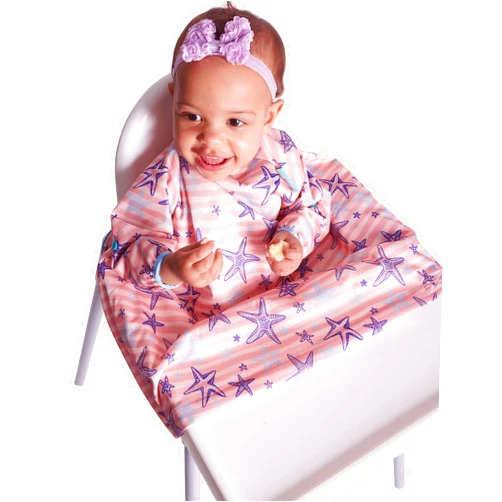 Bibado Wipe Clean Baby & Toddler Weaning Bib Coverall Attaches to Highchair & Table Waterproof Soft Shell Pink Starfish
