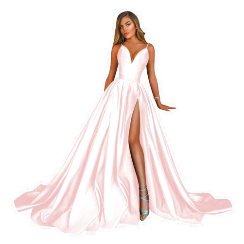 Vintys Women's Simple Ball Gown V-neck Satin Prom Dresses Long 2023 Formal Evening Dress with High Slit VT010
