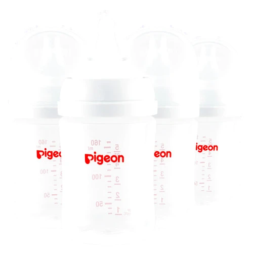 Pigeon PP Nursing Bottle Wide Neck, Anti-Colic, Streamlined Body, Natural Feel, Easy to Clean, 5.4 Oz (Pack of 4), Includes 4pcs SS Nipples (0m+)