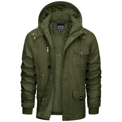 CRYSULLY Men's Winter Jacket Cotton Military Jackets Fleece Lined Thick Warm Cargo Coats Multi-Pocket Outwear with Hooded