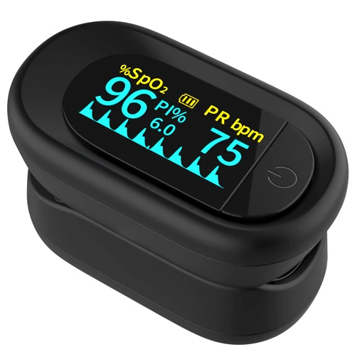 HIHBI Pulse oximeter, blood oxygen meter finger (SpO2) with Plethysmograph and Perfusion Index, portable OLED color display and battery included.