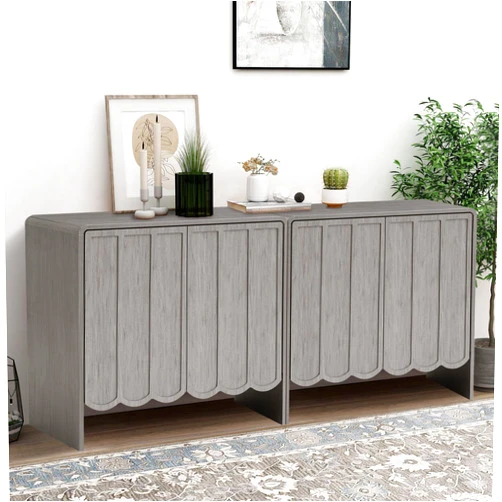 ORRD Sideboard Buffet Cabinet Set of 2, Accent Storage Cabinet with 2 Doors, Farmhouse Wood Cabinet with Adjustable Shelves and Wave Panel for Living Room, Dining Room, Entry - Grey