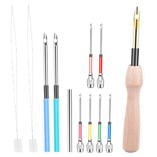 Piriuuo 12 Pcs Punch Needle Kit, Embroidery Punch Needle Tool Wooden Handle Embroidery Tool Punch Needle Threader Set for Adults Beginner Yarn Floss Cross Stitching