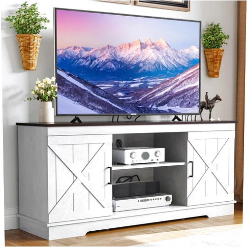 YITAHOME TV Stand for 65 Inch TV, Farmhouse Entertainment Center with Double Barn Doors and Storage Cabinets, Rustic TV Cabinet Media Console Table for Living Room, 59 Inch, Grey White/Espresso
