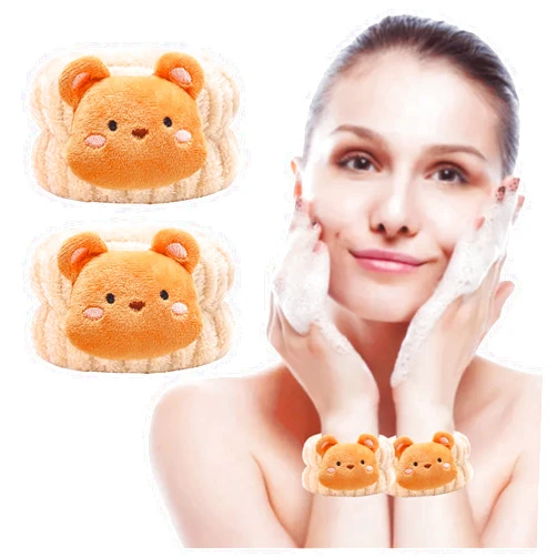 KONVOK Wrist Bands for Washing Face Cute, Animal Bear Print Wristbands for Women Kids, Microfiber Soft Wash Face Wraps, Adjustable Elastic Wrist Band, Prevent Water to Arms, Brown