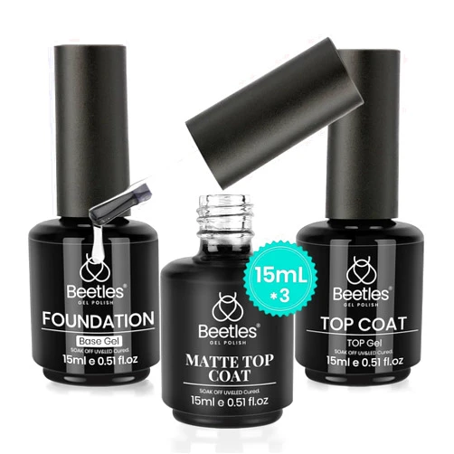 Beetles Gel Polish, 3Pcs 15ml Base Gel & No Wipe Top Coat Nail Polish Matte Coat Set, Shine Finish and Long Lasting, Soak Off LED Nail Lamp Art DIY Design Gifts for Women Her