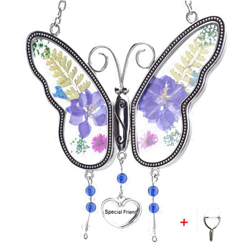 Laraine Butterfly Suncatcher with Pressed Flower Wings Mom Mother's Day Butterfly Glass Wind Chime Ornament Charm with Metal Heart Gifts for Mom Grandma Aunt Birthday (Purple Friend (with Free Hook))