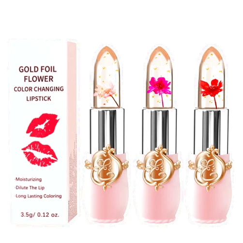 BestLand 3 Pcs/Set Flower Jelly Lipstick Set Temperature Change Moisturizer Long Lasting Nutritious Balm Magic Color Change Lip Gloss (3Pcs Flower Jelly Lipstick 010203)