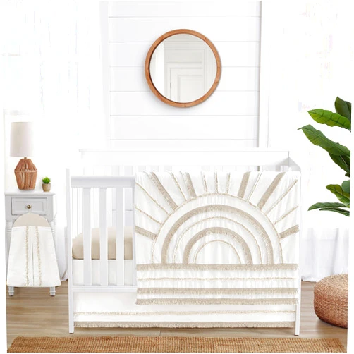 Sweet Jojo Designs Ivory Boho Chic Sun Boy Girl Baby Crib Bedding Set Infant Nursery Room Blanket Fitted Sheet Skirt Diaper Stacker 4pc Cotton Bohemian Shabby Gender Neutral Modern Beige Tufted Fringe