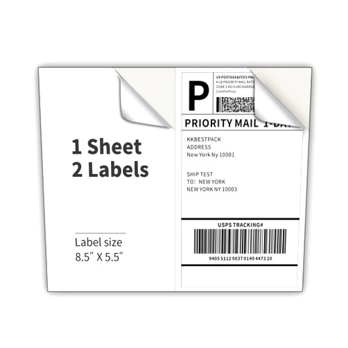 KKBESTPACK Half Sheet Shipping Labels for Laser and Inkjet Printers – 2 Per Page Self Adhesive Mailing Labels – White 8.5 x 5.5 (200 Labels) (2LP)