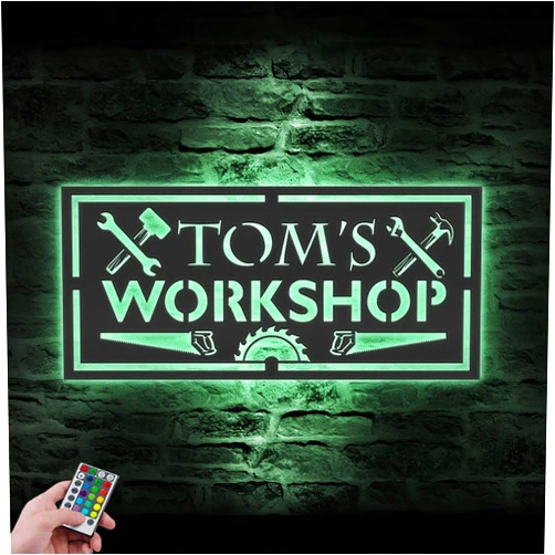 CALCCI Custom Text Metal Sign - Custom Woodshop Metal Wall Art LED Light Personalized Workshop Name Sign Home Decor Garage Decoration Man Cave Birthday Housewarming Gift, Black