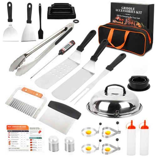 HOMELYLIFE Griddle Accessories Kit, 25pcs Flat top Griddle Cooking Accessory Set for Blackstone and Camp Chef with Scraper, Fork, Tongs, Burger Press, Basting Cover, Egg Ring for Outdoor/Camping BBQ