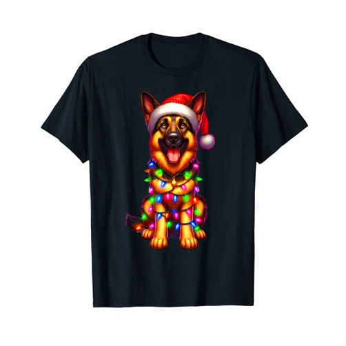 Funny Christmas Shirts For Family Xmas Pajamas German Shepherd Christmas Tree Lights Xmas Pajama Dog Lover T-Shirt