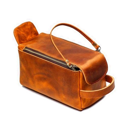 The Tannery Vintage Crazy Horse Full Grain Leather Toiletry Dopp Kit Bag Travel Make up Cosmetic Bag Big Leather Toiletry Bag for Unisex (Yellow Brown)