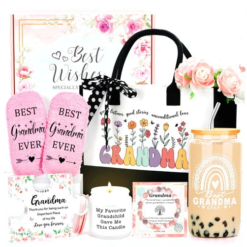 Saineron Grandma Gifts for Grandma Birthday Gifts from Grandkids Unique New Grandmother Gift for Nana Gift Ideas for Grandmas Cool Presents for Grandmas Bracelet Tote Bag Cup Candle Socks Acrylic Puzzle