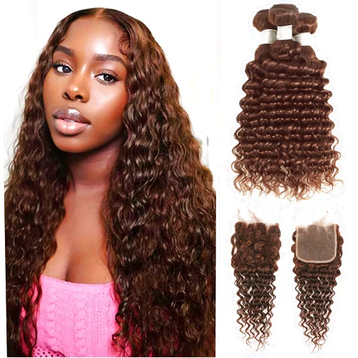 Enaiiby Brown Bundles Human Hair Deep Wave 20 22 24 Inch 3 Bundles with 4x4 HD Lace Closure 18 Inch Color 4 Pineapple Wave Dark Brown Bundles with Closure Human Hair 100% Virgin Remy, Wet and Wavy